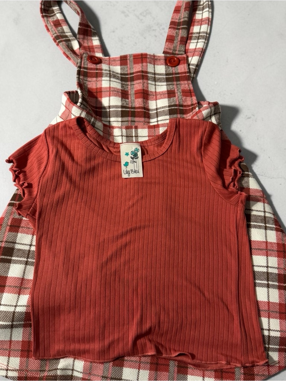 Lily Bleu Rust and Cream Plaid Overall Dress with Rust Tank